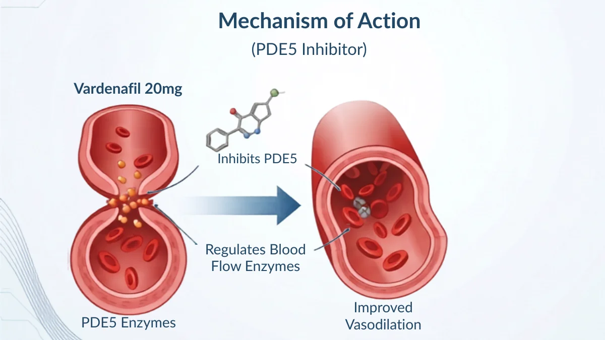 Vardenafil PDE5 inhibitor mechanism of action and vasodilation diagram