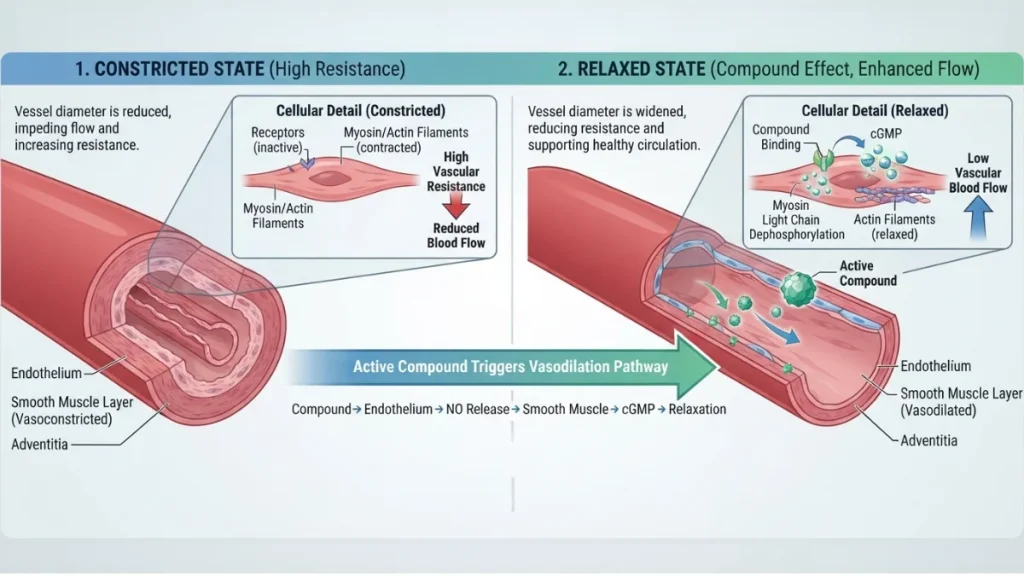 Blood vessel vasodilation pathway showing constricted versus relaxed state