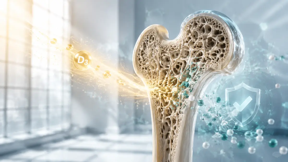 Vitamin D3 supporting bone density and strength, shown with cross-section bone illustration