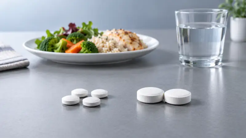 Albendazole tablets shown with a meal and water, illustrating dosage with food