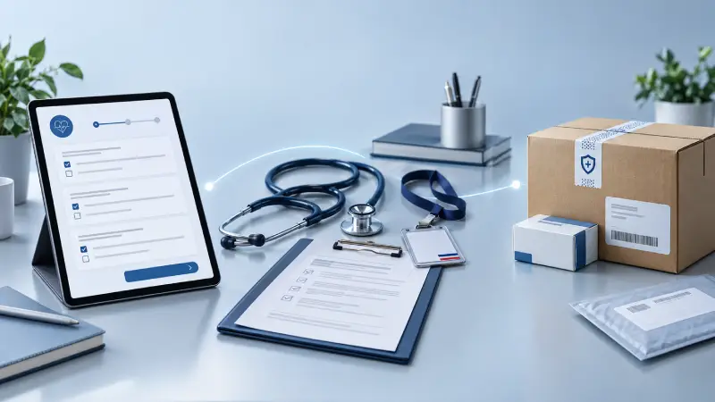 Online prescription checklist, stethoscope and delivery box for albendazole medicine