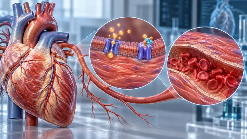 Heart with calcium channel blocker mechanism showing amlodipine's effect on blood vessels