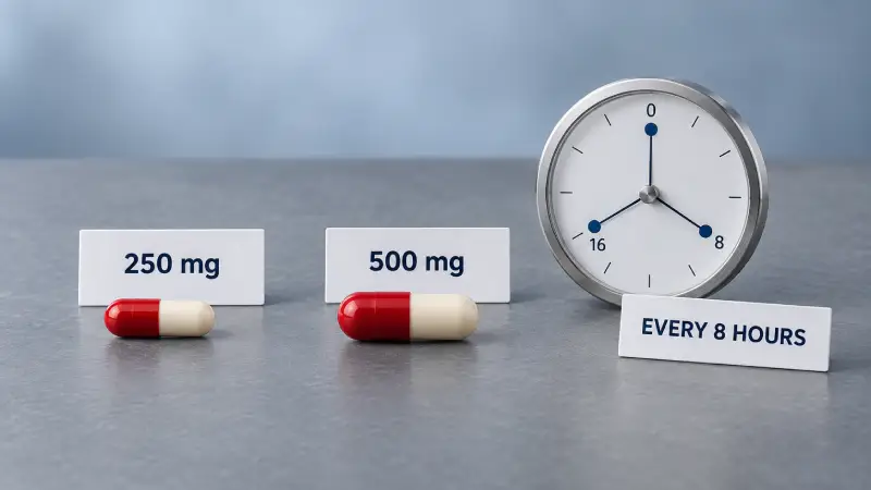 "Amoxicillin 250mg and 500mg capsules with a clock showing dosing every 8 hours