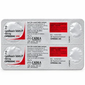 Blister pack of Ciprodac 250 Ciprofloxacin tablets by Cadila Pharmaceuticals with dosage and prescription details.