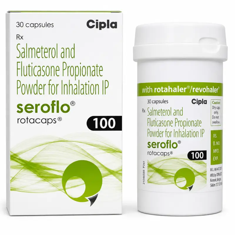 Seroflo Rotacaps 100 box and bottle, Salmeterol and Fluticasone by Cipla