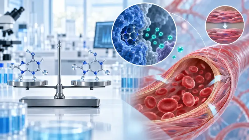 Molecular comparison and PDE5 enzyme close-up showing sildenafil's effect on blood flow