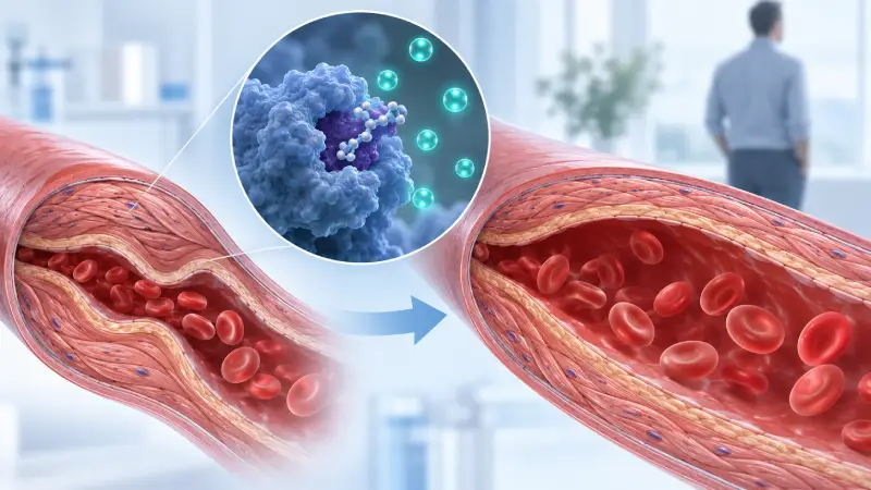 Blood vessel comparison showing sildenafil's PDE5 inhibition improving blood flow