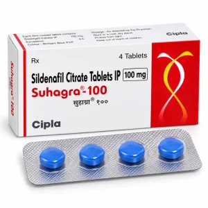 Suhagra-100 box and blister strip, Sildenafil Citrate Tablets 100mg by Cipla